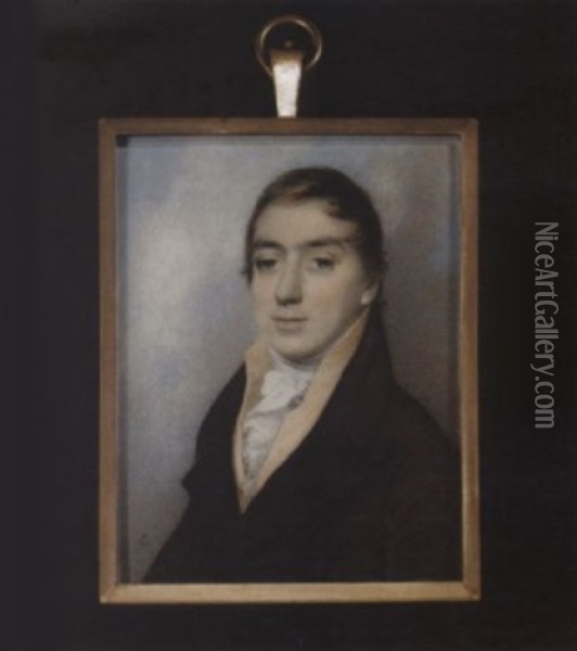 Mr. George Gregorie, Barrister-at-law, Wearing Black Coat, Peach-coloured Waistcoat, Tied White Stock And Frilled Cravat Oil Painting - George Engleheart