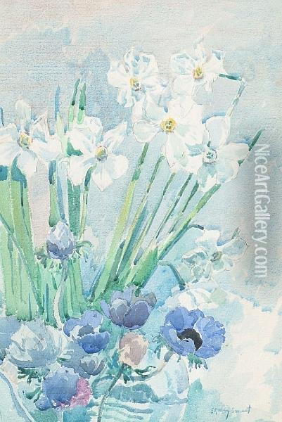 Narcissi And Anemonies In A Vase Oil Painting - Rowley Smart