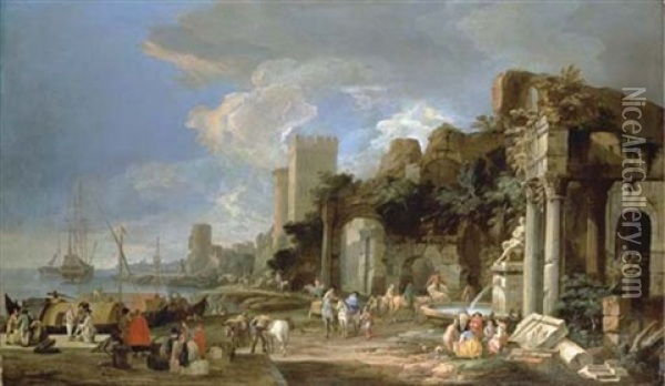 A Capriccio View Of A Port Oil Painting - Luca Carlevarijs