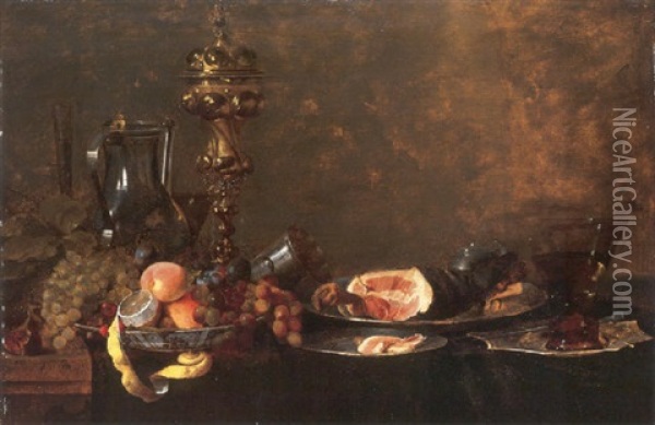 Peaches, Grapes And A Partly-peeled Lemon In A Wanli Kraak Porselein Bowl, With A Ham On A Pewter Platter, A Cup And Cover, A Flagon And A Roemer Oil Painting - Jan Davidsz De Heem