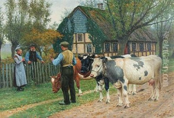 Farmers Get To Chat In A Village Oil Painting - Poul Steffensen