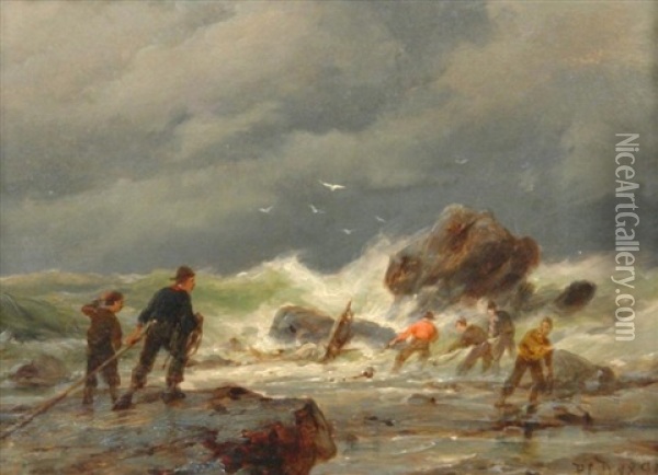 An Der Kuste. Fischersleute Bei Sturmischem Wetter, Strandgut Bergend Oil Painting - Pieter Cornelis Dommershuijzen
