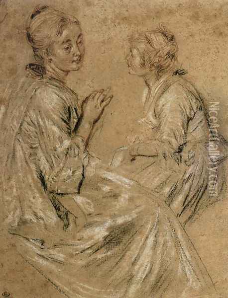 Two Seated Women 1716-17 Oil Painting - Jean-Antoine Watteau