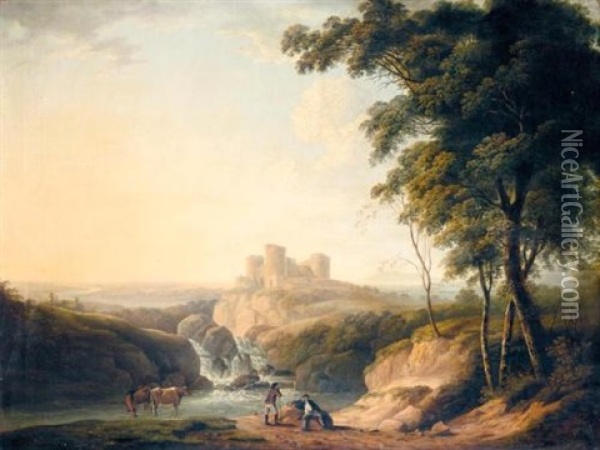 An Extensive Landscape With A View Of Chepstow Castle On A Hill Beyond Oil Painting - John Inigo Richards