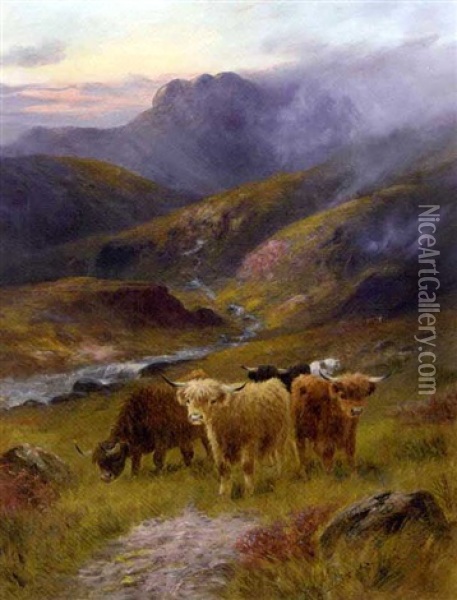 Cattle Watering, With Mist Rolling In (+ Cattle In A Highland Landscape; Pair) Oil Painting - John W. Morris