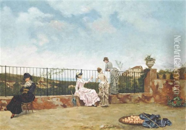 Elegant Company On The Balcony Oil Painting - Edouard (John) Menta