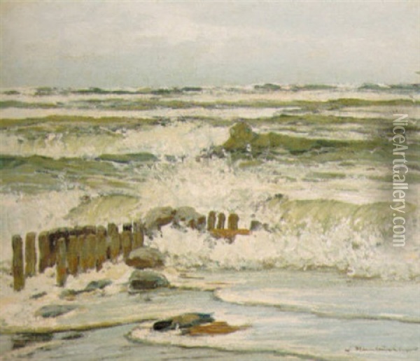 Kystparti Med Bolger, Der Brydes Mod Stranden Oil Painting - Wilhelm Hambuechen