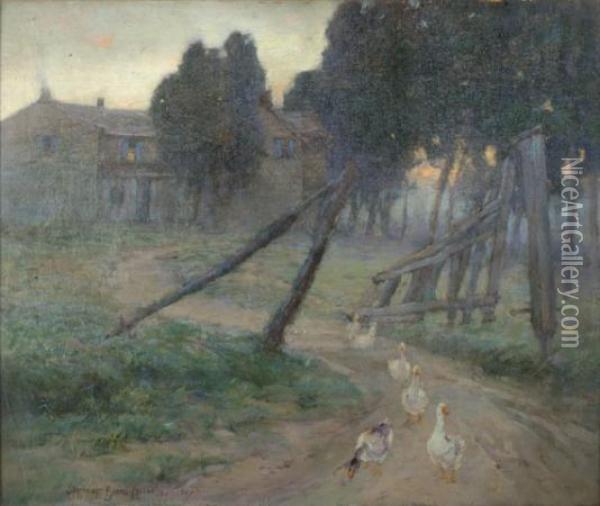 Geese On A Path At Sunset Oil Painting - Spencer Baird Nichols