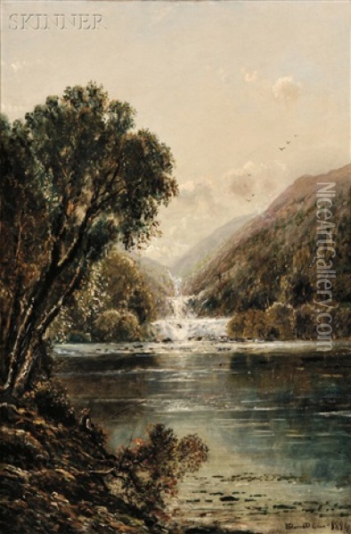 Landscape With Fisherman By A Lake And Falls Oil Painting - Edmund Darch Lewis