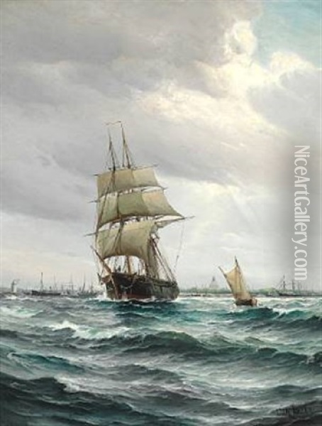 Sailing Ships Off Copenhagen. In The Background The Rigging Sheers At Holmen And The Dome Of Marmorkirken (the Marble Church) Oil Painting - Vilhelm Victor Bille