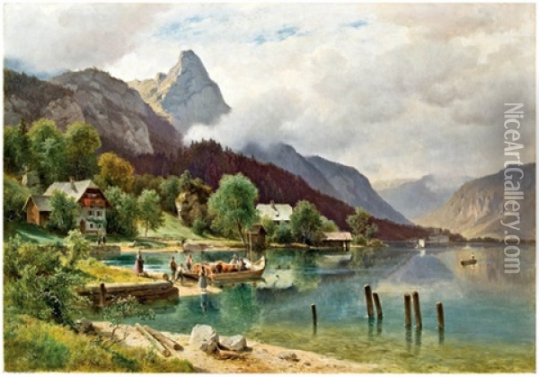 Weissenbach Am Attersee Mit Blick Auf Den Schoberstein Oil Painting - Ludwig Georg Eduard Halauska
