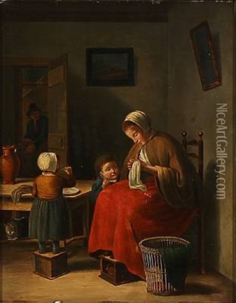 Interior With A Family Oil Painting - Johannes Christiaan Janson