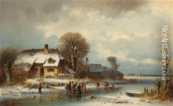 Winter Landscape With Ice Skaters Oil Painting - Anton Doll