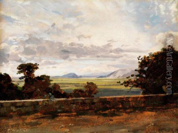 Italienische Landschaft Mit Einer Strassenmauer Im Vordergrund Oil Painting - Carl Wuttke