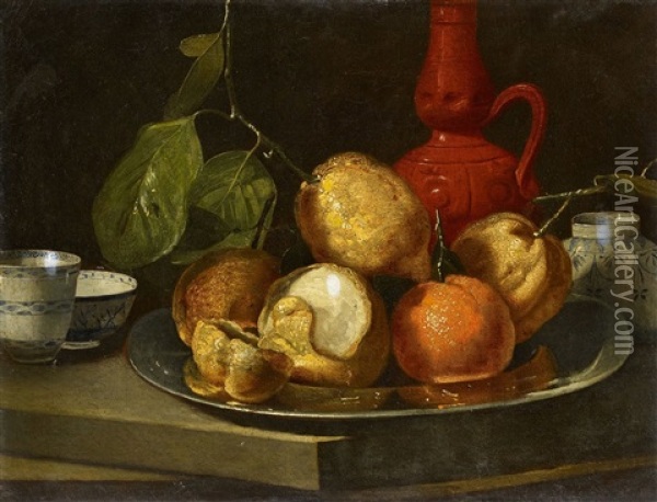 Still Life With Citrus Fruits In A Pewter Dish And Chinese Porcelain Oil Painting - Cristoforo Munari