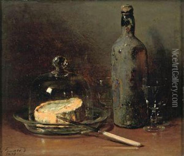 A Still Life With Cheese And Wine Oil Painting - Guillaume-Romain Fouace
