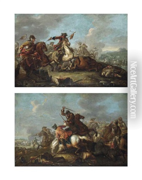 A Cavalry Skirmish With A Village On A Hill Beyond And A Cavalry Battlefield (pair) Oil Painting - Georg Philipp Rugendas the Younger