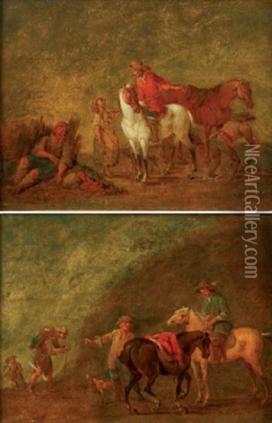 Cavaliers A Cheval Demandant Leur Chemin (pair) Oil Painting - August Querfurt