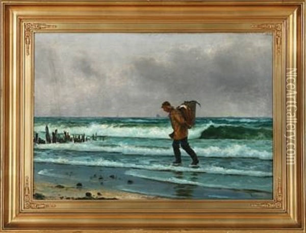 Fisherman On The Beach With A Basket On His Back Oil Painting - Holger Luebbers