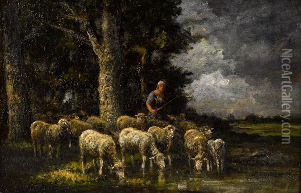 Shepherdess With Flock Oil Painting - Paul Chaigneau