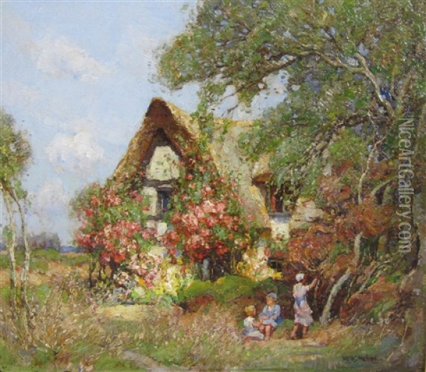 A Rural Idyll With Children Playing By A Cottage Oil Painting - William Watt Milne