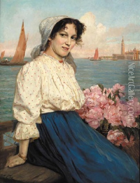 Portrait Of A Woman Sitting On A Bench, A Venetian Lagoon And St Marks Square Beyond Oil Painting - Gustav Bauer