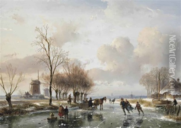 Skaters On A Frozen Waterway On A Sunny Wintersday, A Cottage And Windmills On The Riverbank Oil Painting - Andreas Schelfhout