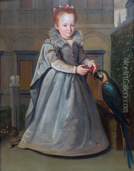 A Full-length Portrait Of Lucrezia, The Daughter Of Niccolo Di Sinibaldo Gaddi, Standing In The Garden Of The Palazzo Gaddi With A Macaw And A Jerboa Oil Painting - Santi Di Tito