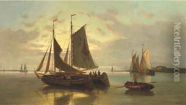 Barges on the Scheldt at dusk Oil Painting - Abraham Hulk Snr