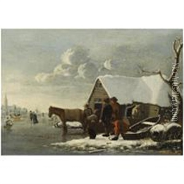 A Winter Landscape With Figures And Horses Near A Barn, Skaters On A Frozen Lake, A Church Beyond Oil Painting - Hendrik Jacobsz Dubbels