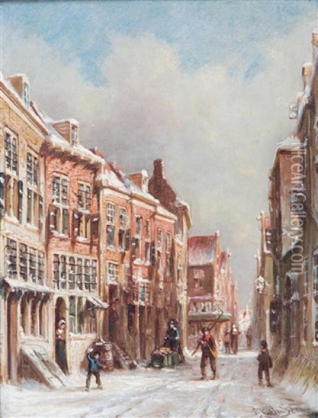 A Winter's Day In Dutch Town Oil Painting - Pieter Gerardus Vertin