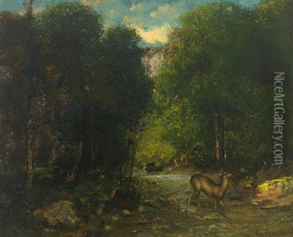 Waldlandschaft Mit Teich Und Rehbock Oil Painting - Gustave Courbet