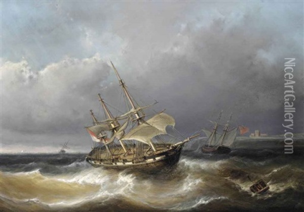 Caught In Rough Seas Oil Painting - Christiaan Lodewijk Willem Dreibholtz
