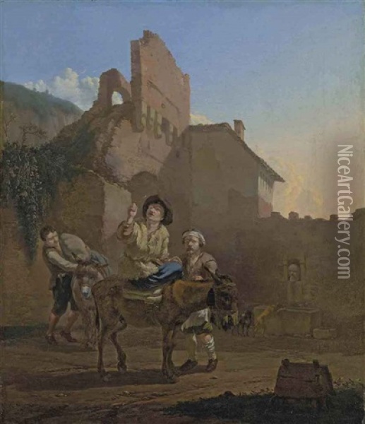 Travelers With Donkeys Resting At The Walls Of A Town Oil Painting - Karel Dujardin