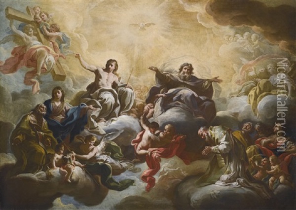 The Virgin Presenting Saint Nicholas To The Holy Trinity Oil Painting - Corrado Giaquinto
