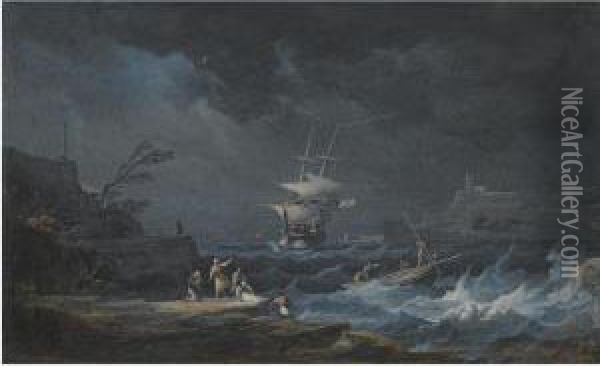 A Shipwreck At Nighttime Off A Rocky Mediterranean Coast Oil Painting - Alexandre-Jean Noel