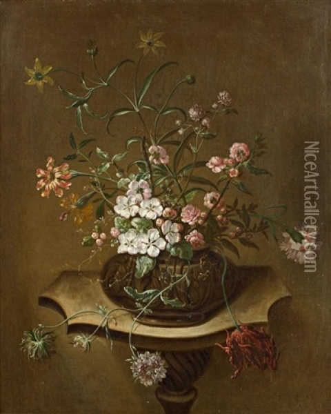 Vase De Fleurs Sur Un Piedestal Oil Painting - Johann Martin Metz