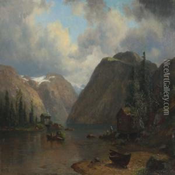 A View From Hardanger Fiord With Fishing Huts, Boats Andpeople Oil Painting - Georg Emil Libert