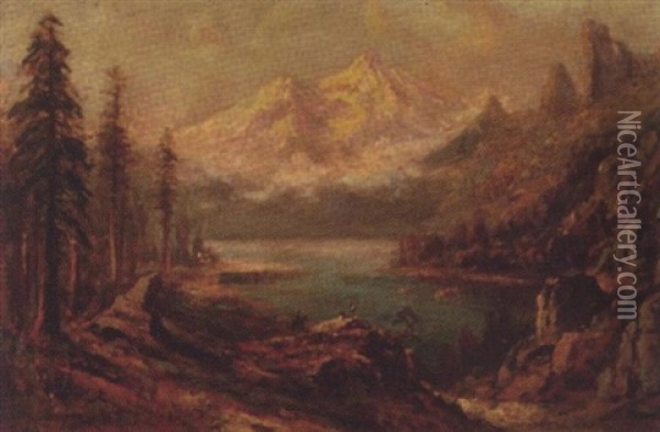 Rider On Horseback And Two Figures In View Of Mt. Shasta From Castle Lake Oil Painting - Thomas Hill