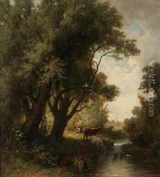 Vieh An Der Tranke Und Hirten Am Sommerlichen Dorfrand Oil Painting - Karl Hetz