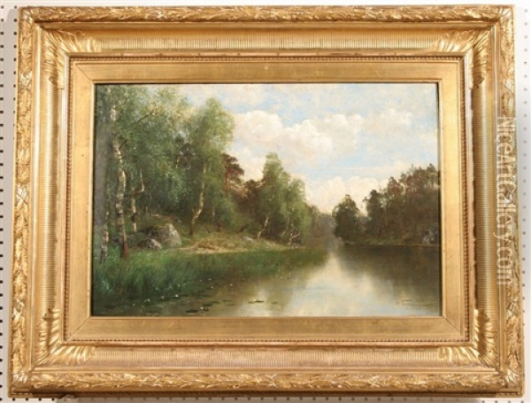 View Of A Forest Lake Oil Painting - Fedor Karlovich Burkhardt