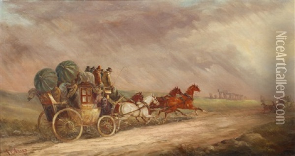 The Salisbury - London Mail Coach Passing Stonehenge Oil Painting - John Charles Maggs