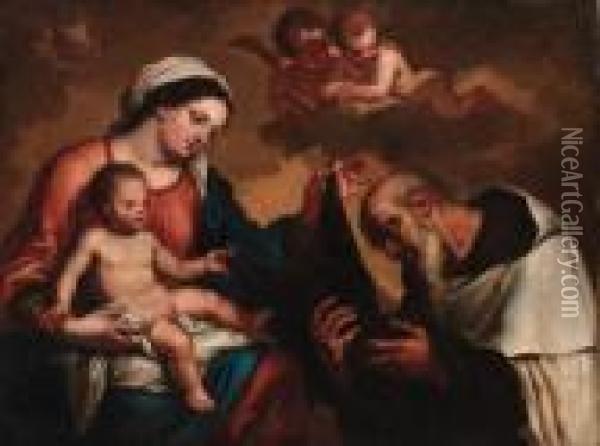 The Madonna And Child With Saint Dominic (?) Oil Painting - Erasmus II Quellin (Quellinus)