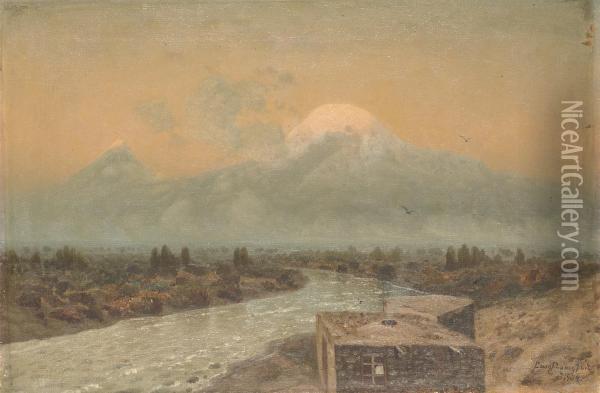 View Of Great Ararat And Little Ararat From The River Araks Oil Painting - Georgii Bashindzhagian