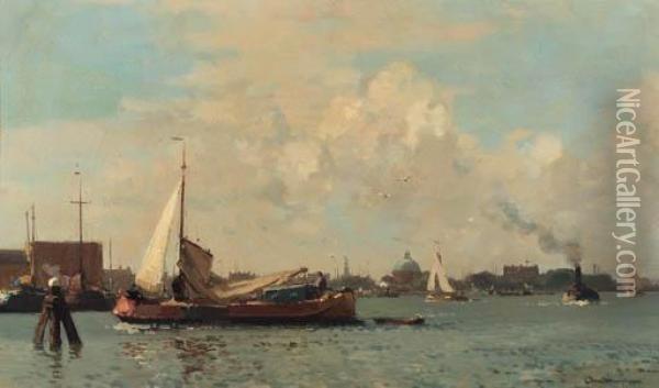 Barges On The Ij, Amsterdam, The Lutherse Kerk Beyond Oil Painting - Cornelis Vreedenburgh