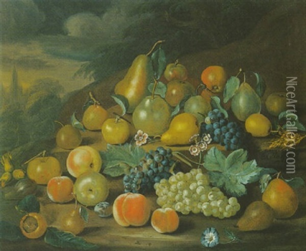 A Still Life Of Pears, Peaches And Grapes Oil Painting - Charles Collins