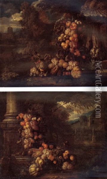 Still Life Of Fruit Swags In An Ornamental Garden Oil Painting - Jan Pauwel Gillemans the Younger