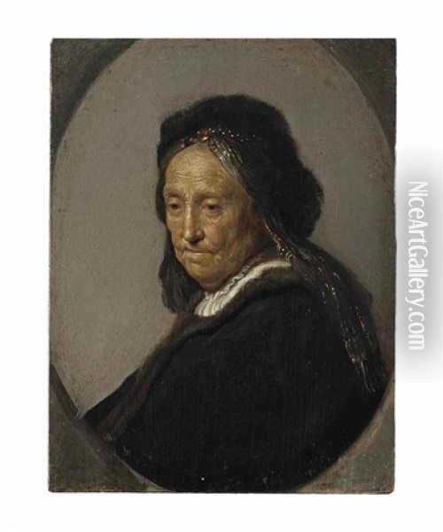 Head Of An Old Woman, Traditionally Identified As Neeltgen Willemsdr. Van Zuytbrouck (1569-1640), Rembrandt's Mother, Half-length, In A Black Costume With A Fur Hat Oil Painting -  Rembrandt van Rijn