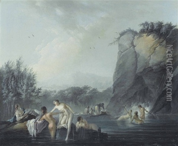 Women Bathing At A Rocky Pool Oil Painting - Jean Baptiste Pillement