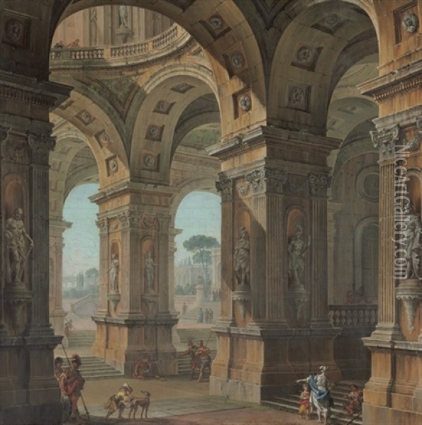 An Architectural Capriccio With Soldiers And Other Figures In An Open Portico, A Courtyard And Palace Beyond Oil Painting - Antonio Joli
